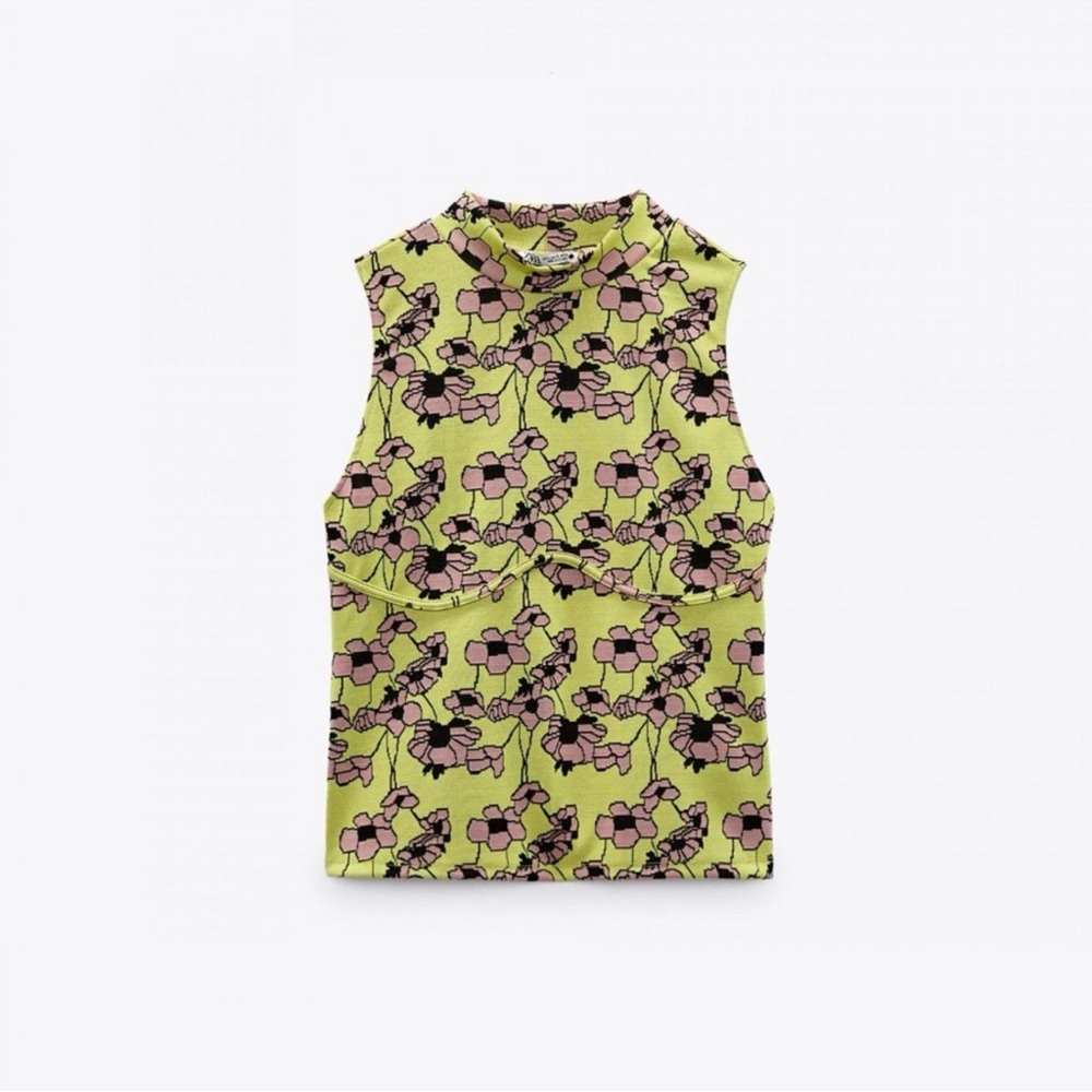 Zara floral Jacquard green and pink mock neck top